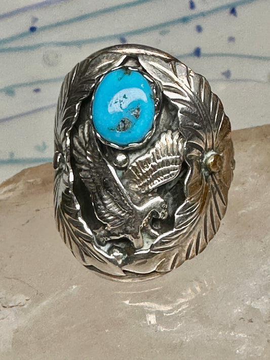 Vintage Sterling Silver Signed R Sadie Randolph Navajo Turquoise Eagle Feather Ring Size 13 925