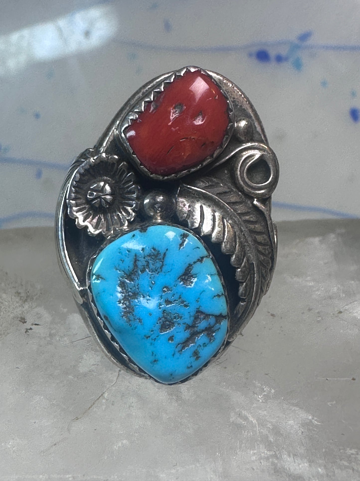 Navajo Turquoise Coral ring size_10 sterling silver women men