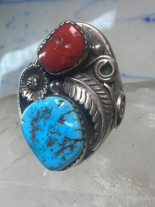 Navajo Turquoise Coral ring size_10 sterling silver women men