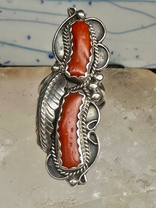 Vintage Sterling Silver Signed PAM Pamela Apache Navajo Long Red Coral Ring Size 7 925
