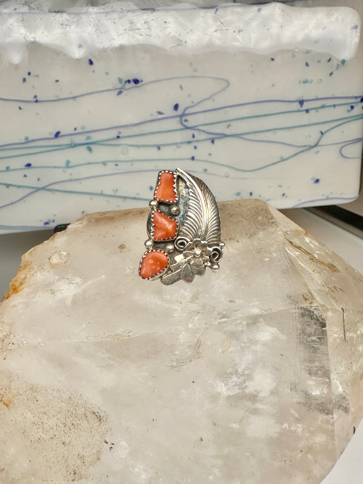 Vintage Sterling Silver Signed D Daniel Benally Navajo Red Coral Flower Ring Size 6.50 925