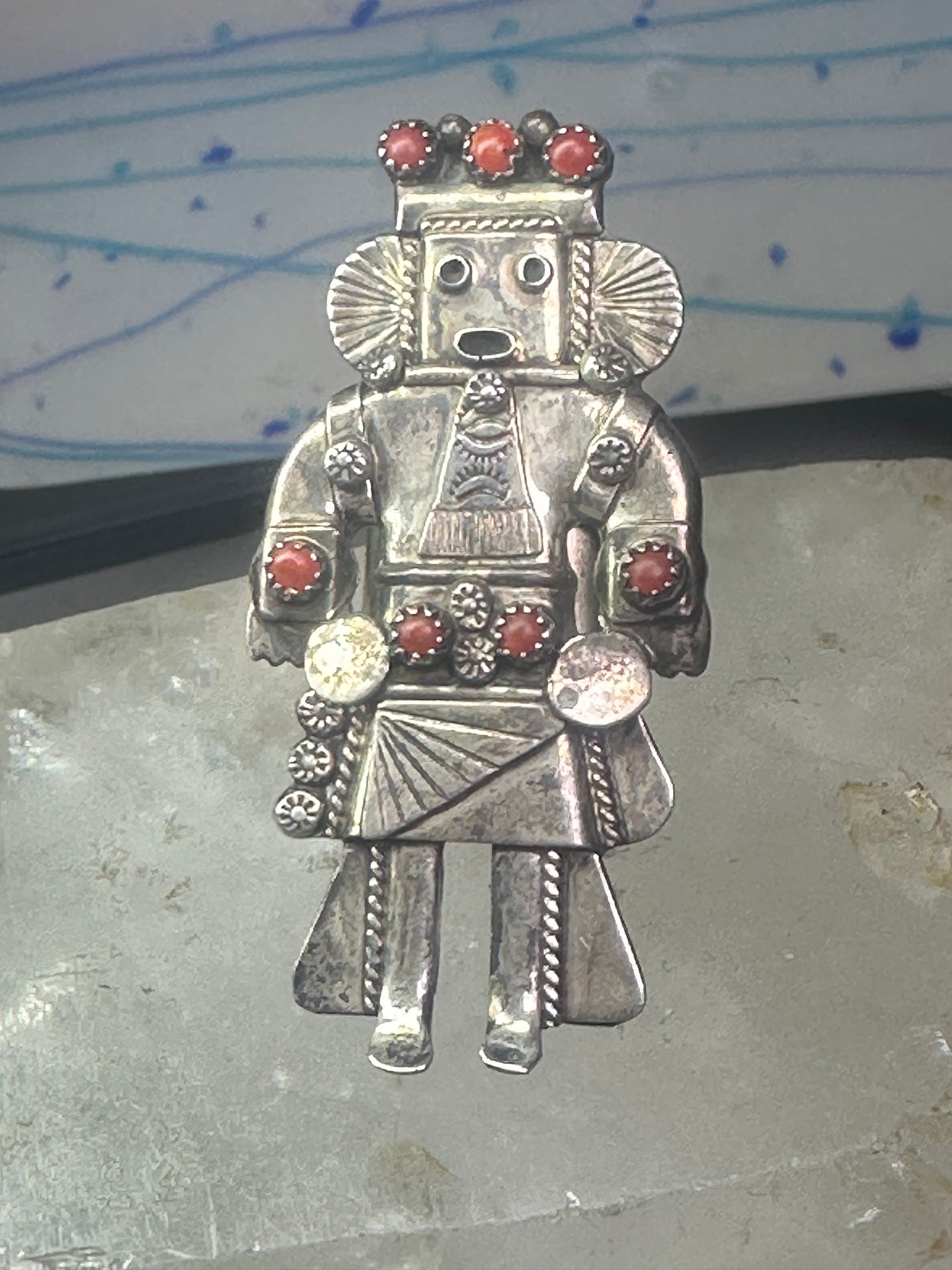 Navajo Ring Long Kachina coral size 9 sterling silver women