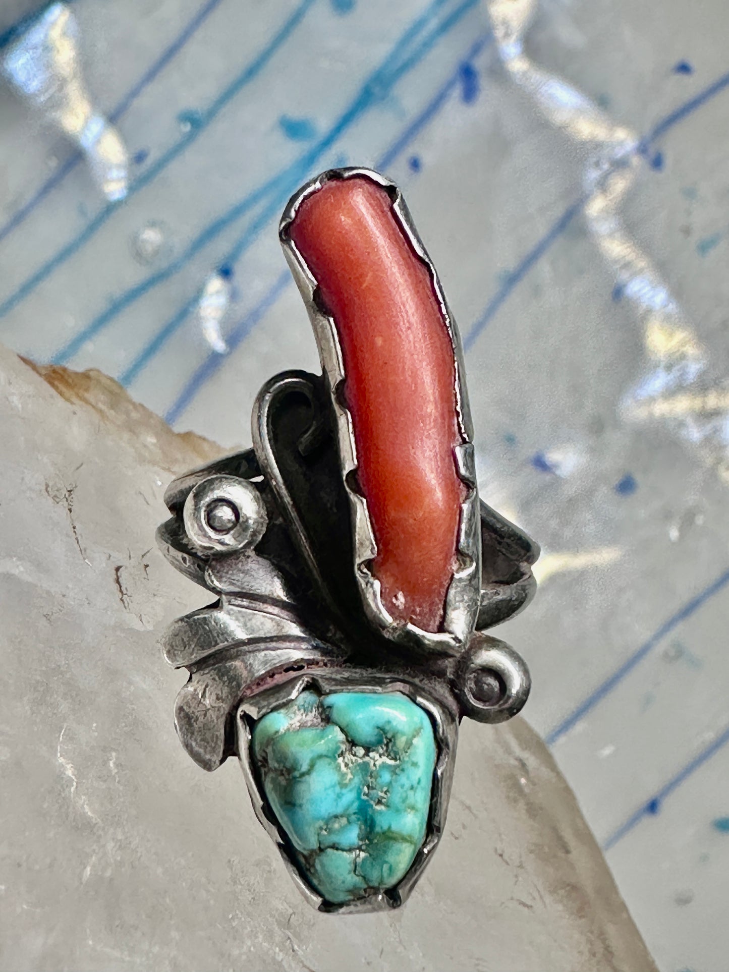 Long Navajo ring turquoise coral size 7 sterling silver women