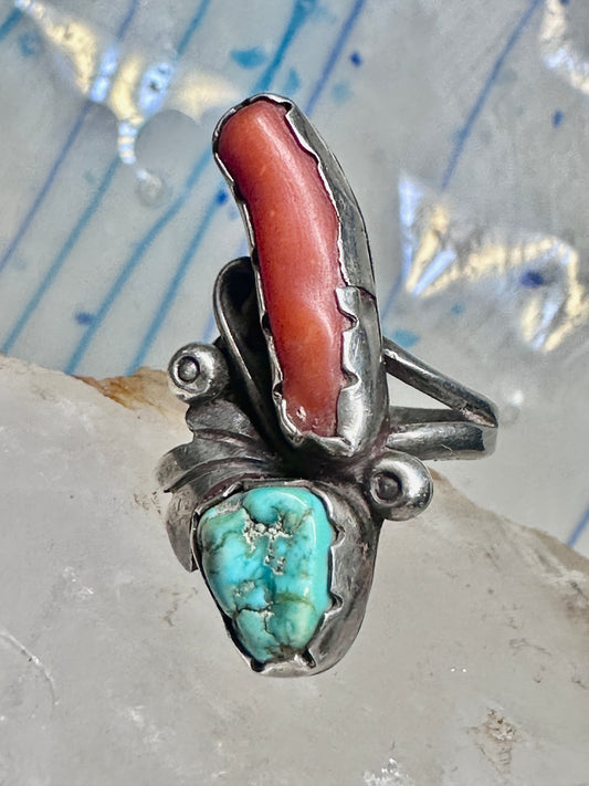 Long Navajo ring turquoise coral size 7 sterling silver women