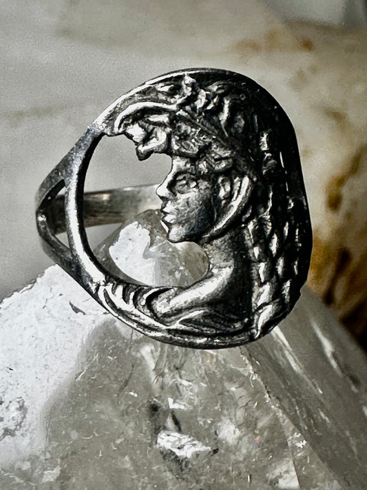 Lady face ring size 4.50 Art Deco sterling silver band women