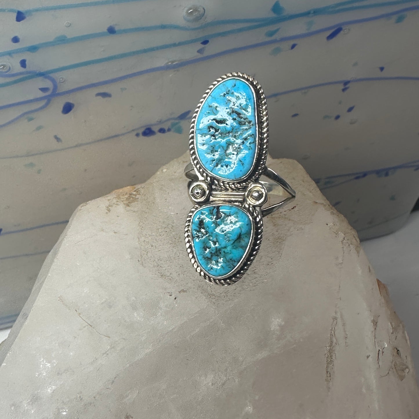 Long Navajo ring Turquoise rope design sterling silver size 8.25 women