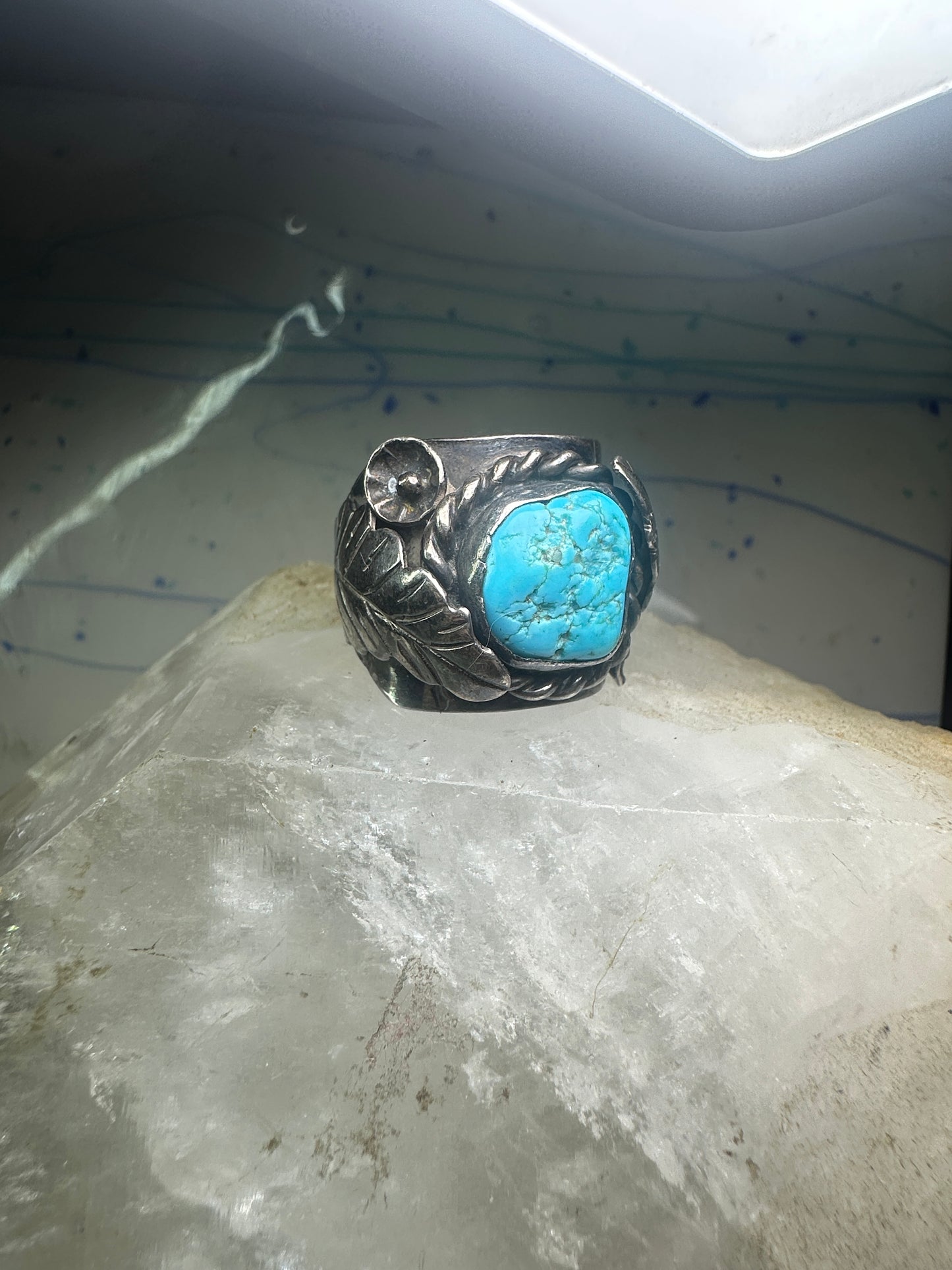 Navajo Turquoise Ring leaves cigar band size 11.75 sterling silver women men