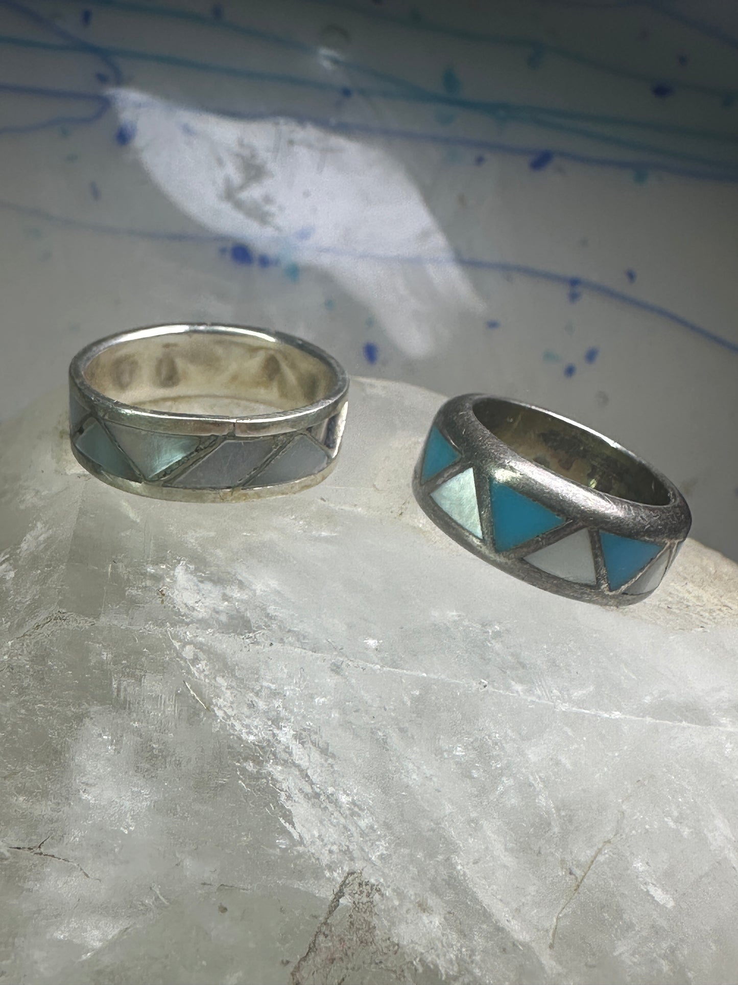 Vintage 2 Zuni rings turquoise Mother of Pearl size 5 SIze 9.5 band sterling silver AS IS