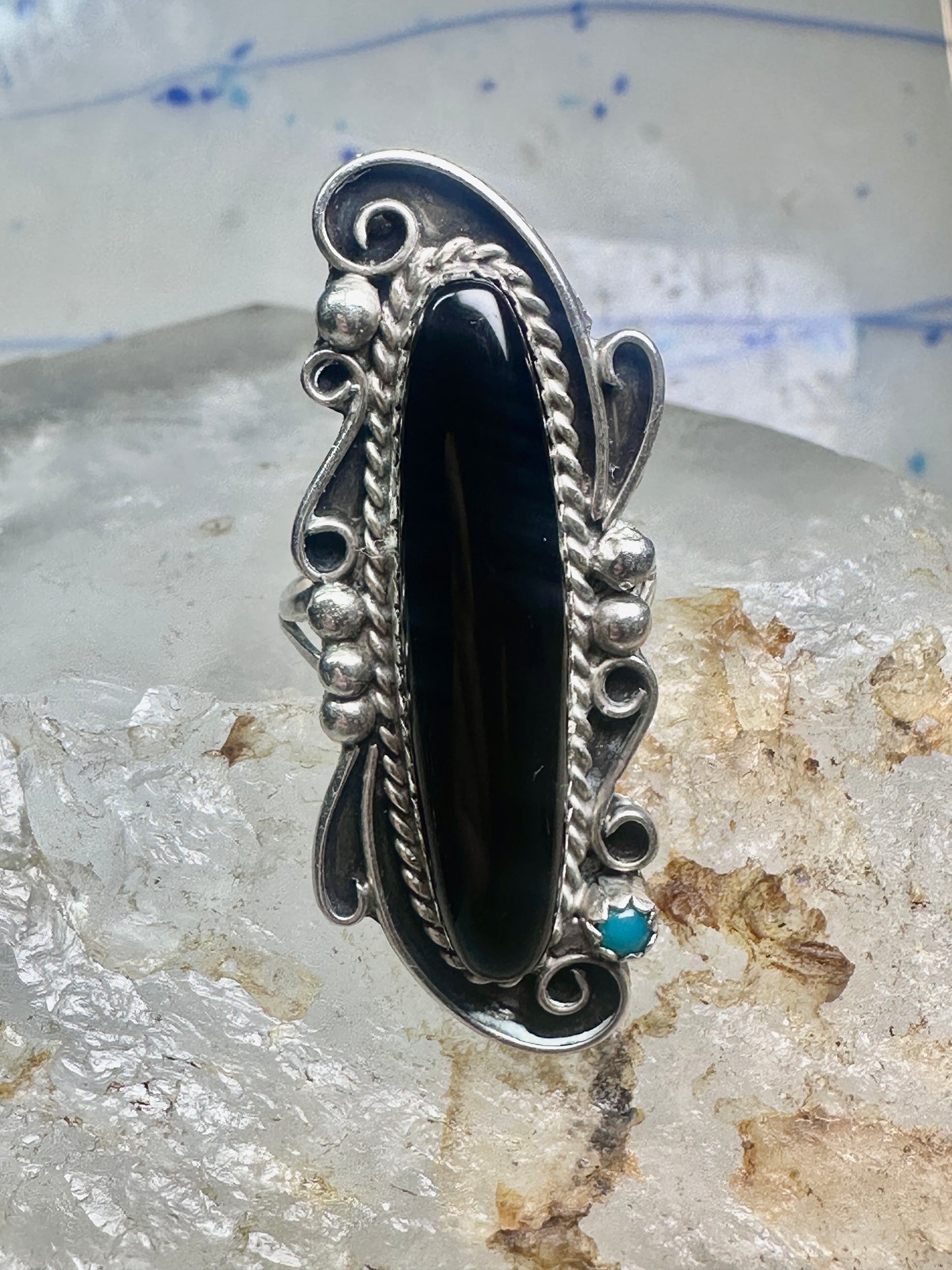 Navajo ring long onyx size 6 sterling silver women girls