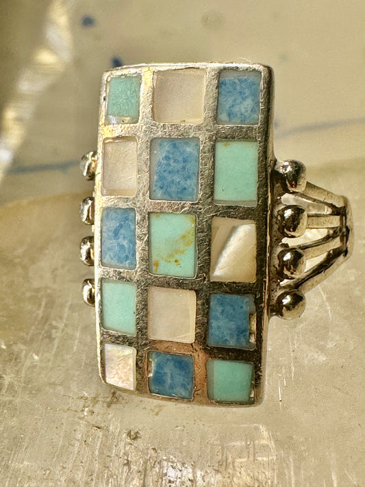 Turquoise ring MOP Southwest checkerboard Size 6.25 Sterling Silver women men