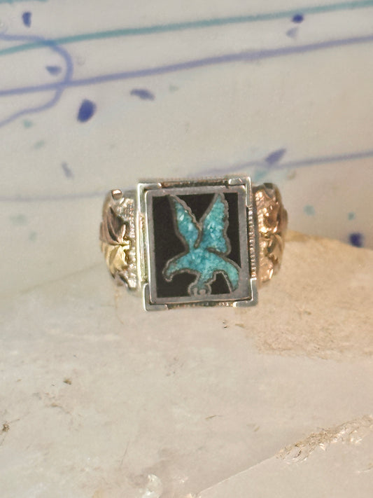 Eagle ring Black Hills Gold Turquoise Chips size 9.75 Inlaid sterling silver men women