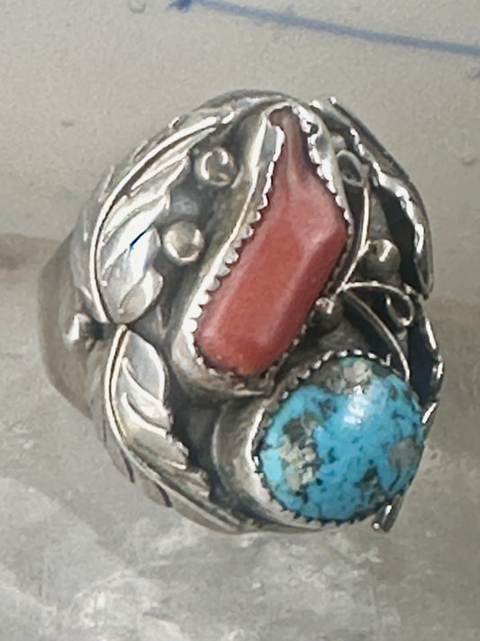 Navajo ring Turquoise Coral band size 10.25 sterling silver women men