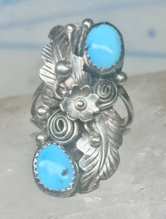 Vintage Sterling Silver Navajo Turquoise Squash Blossom Flower Ring Size 7.50 925