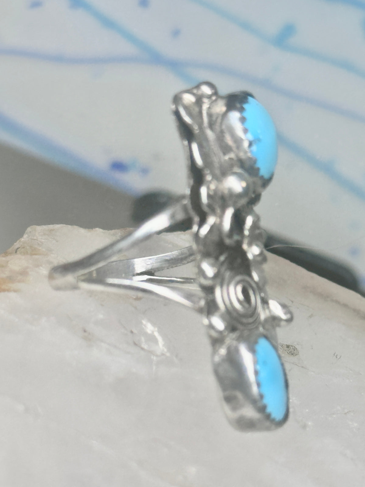 Vintage Sterling Silver Navajo Turquoise Squash Blossom Flower Ring Size 7.50 925