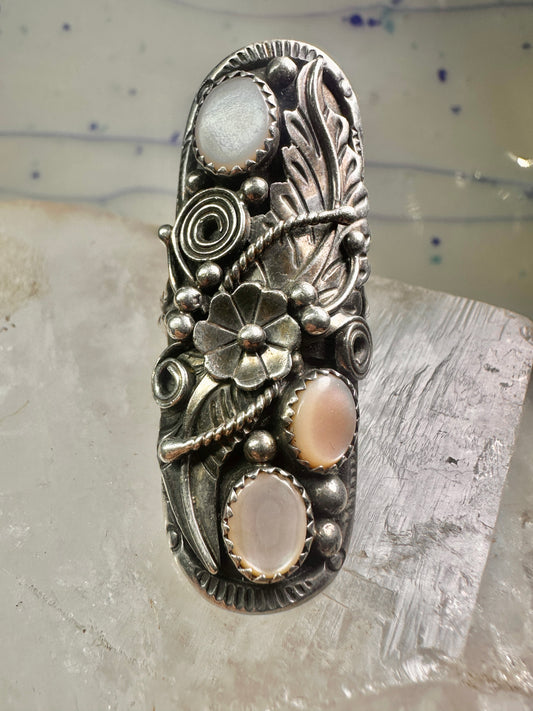Long Navajo ring size 7.50 mop squash blossom leaves sterling silver women