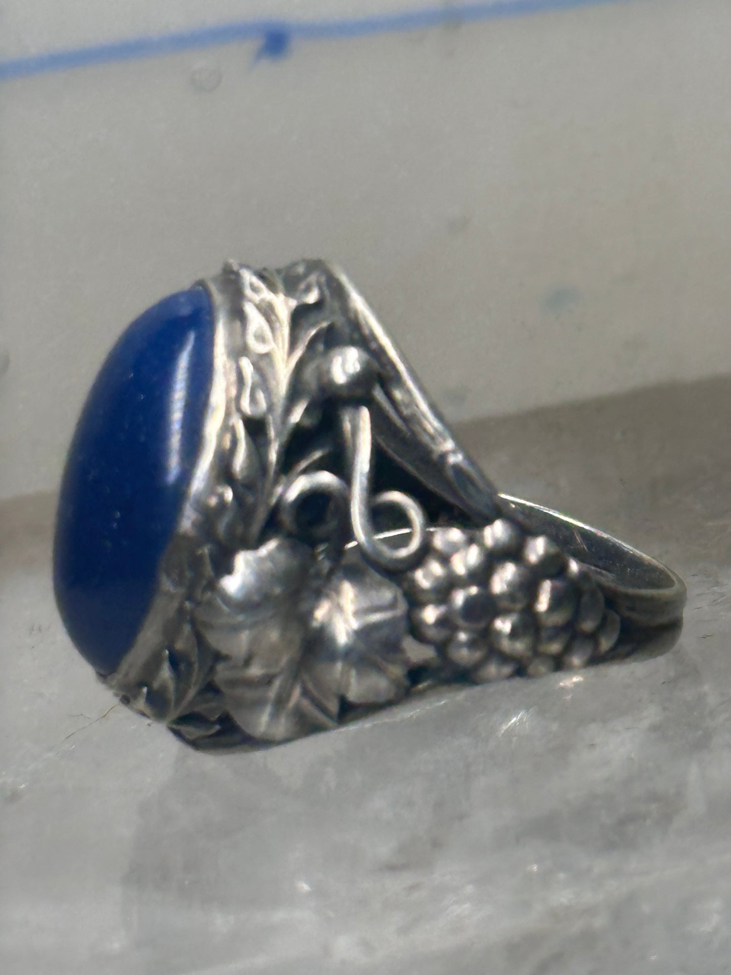 Art Deco ring Blue Lapis Nouveau grape leaves band size 4 sterling silver women girls