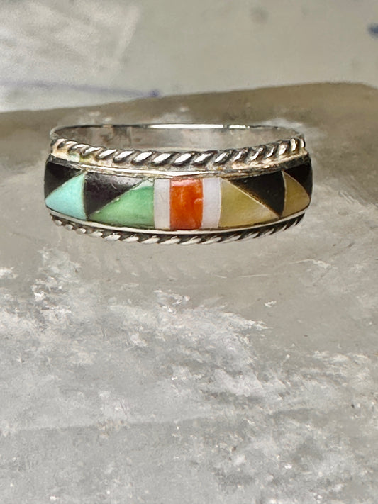 Zuni ring size 7.5 turquoise coral onyx MOP inlaid band sterling silver women men Andrew Dewa