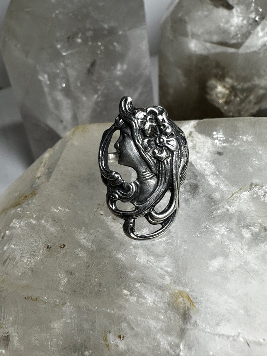 Face ring size 6.25 art deco style floral w long wavy hair sterling silver women girls