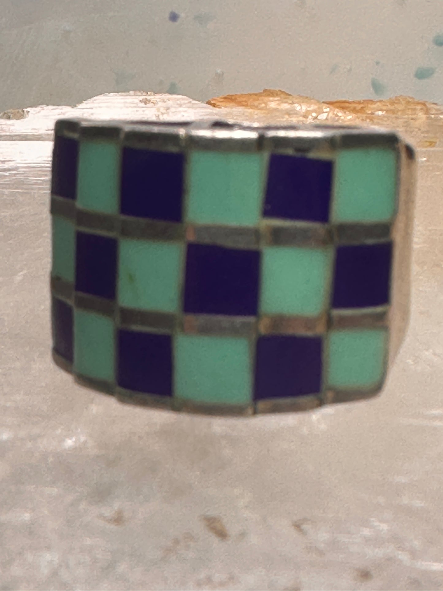 Vintage checkerboard ring cigar band blue lapis turquoise size 10.50 sterling silver women
