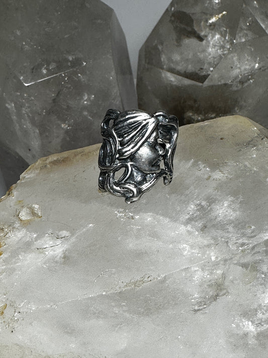 Face ring size 5.25 art deco heavier band w long wavy hair sterling silver women girls