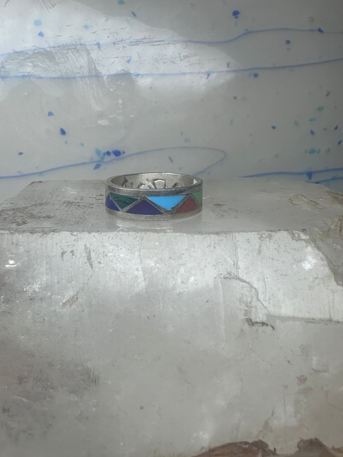 Vintage Sterling Silver Multi Stone Geometric Rough Inlay Band Ring Size 7.75 925