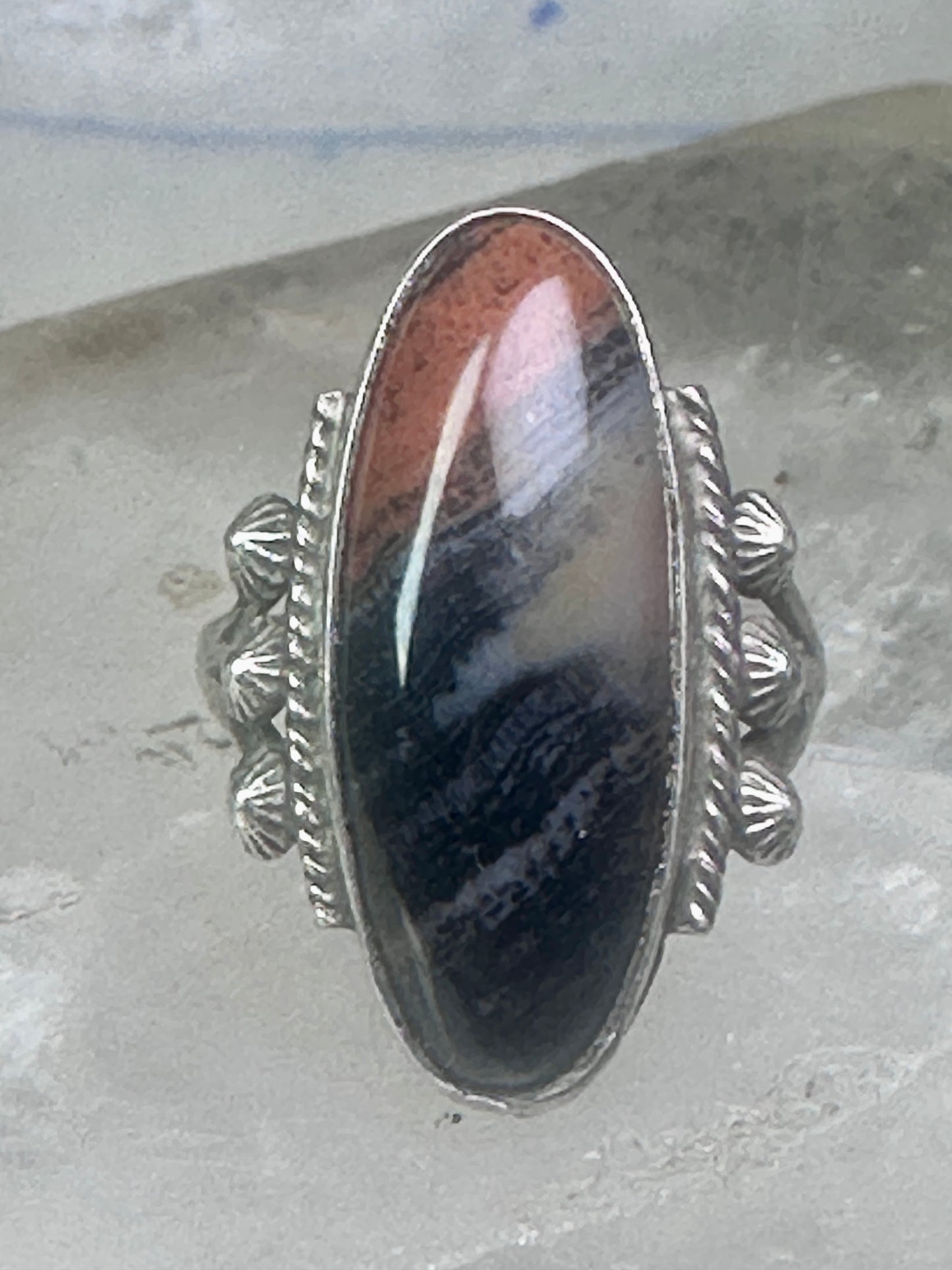 Navajo ring agate Long Petrified Wood Size 6 Vintage sterling silver women