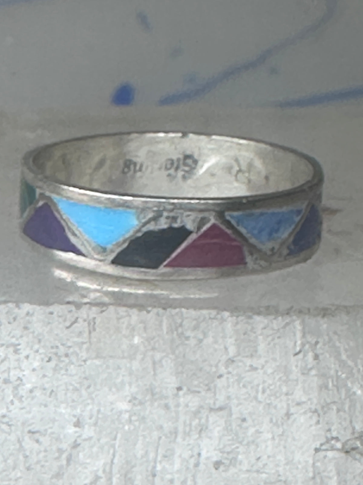 Vintage Sterling Silver Rough Multi Stone Inlay Geometric Band Signed R Size 7.75 925