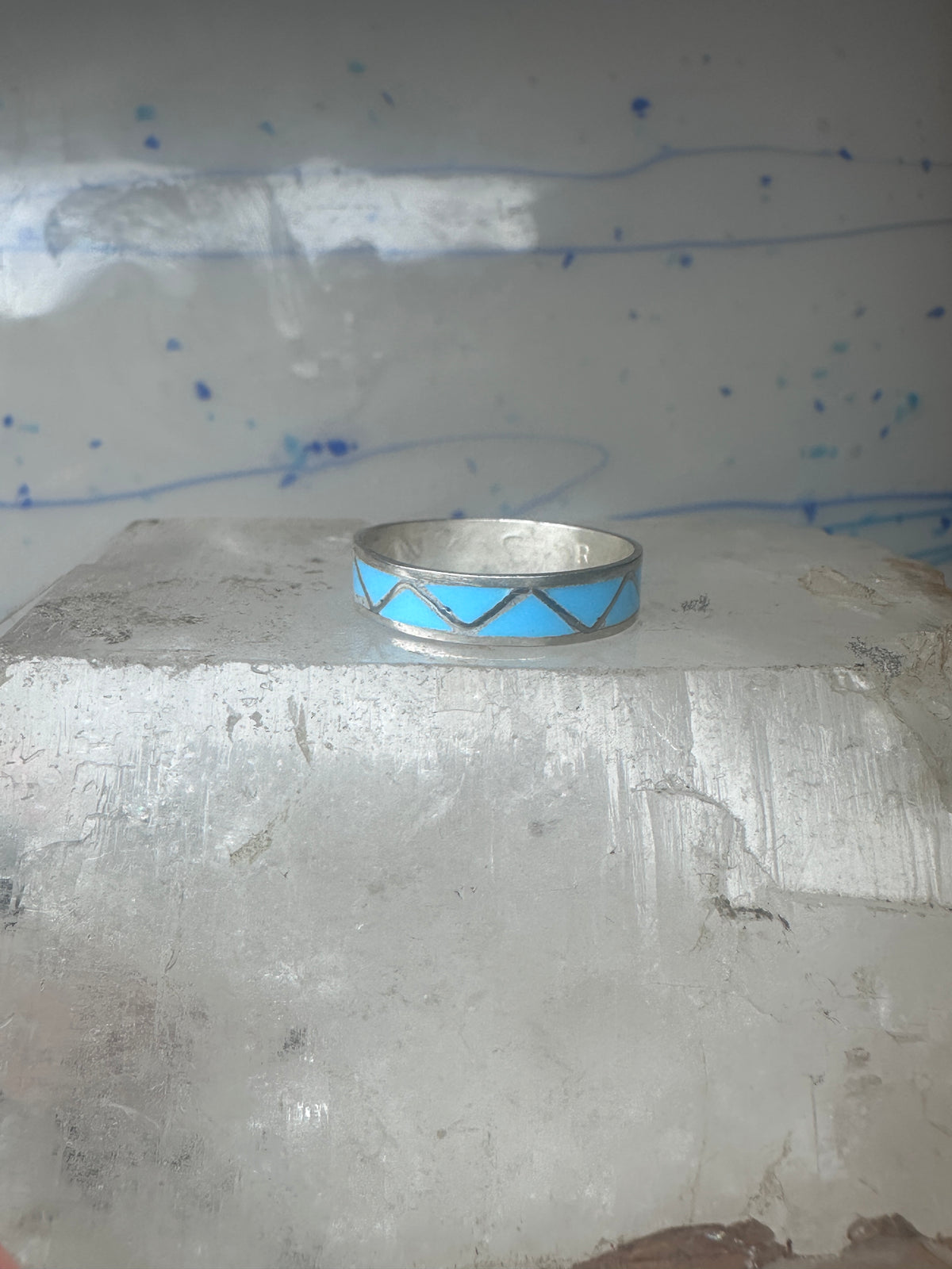 Vintage Sterling Silver Rough Turquoise Inlay Band Signed R Size 12.25 925