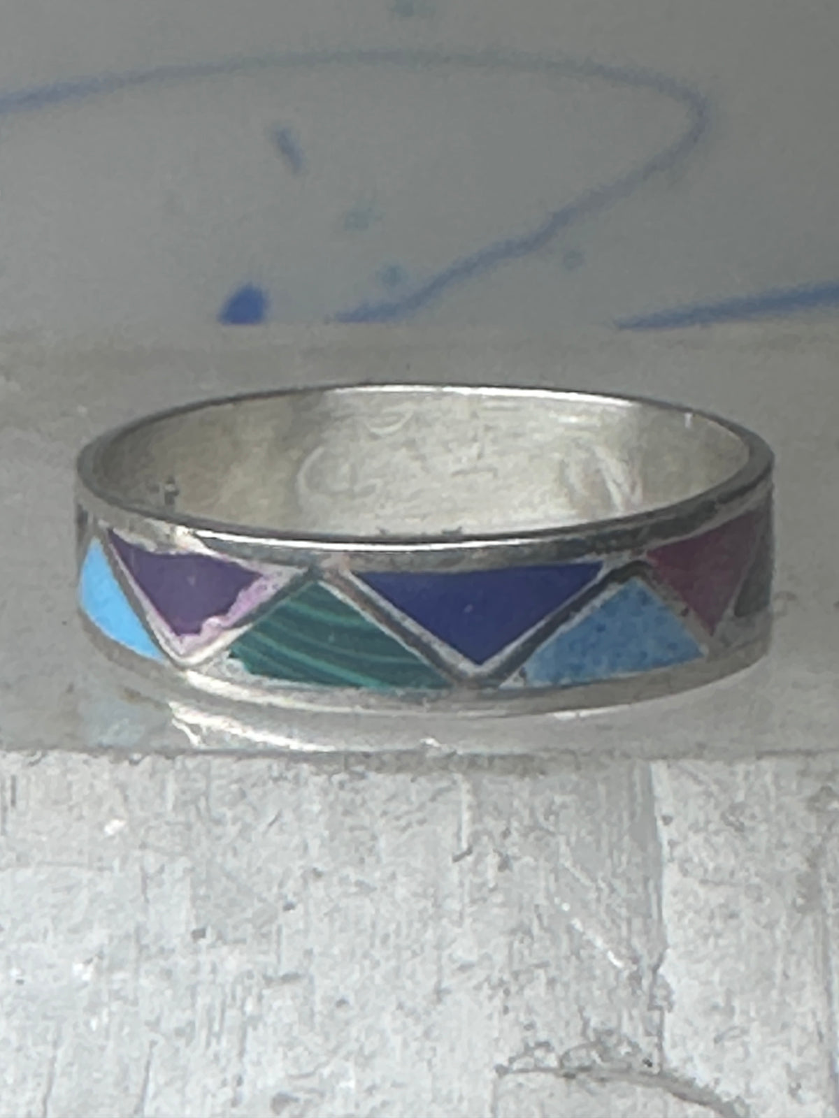 Vintage Sterling Silver Rough Reconstituted Multi Stone Geometric Band Signed R Size 8 925