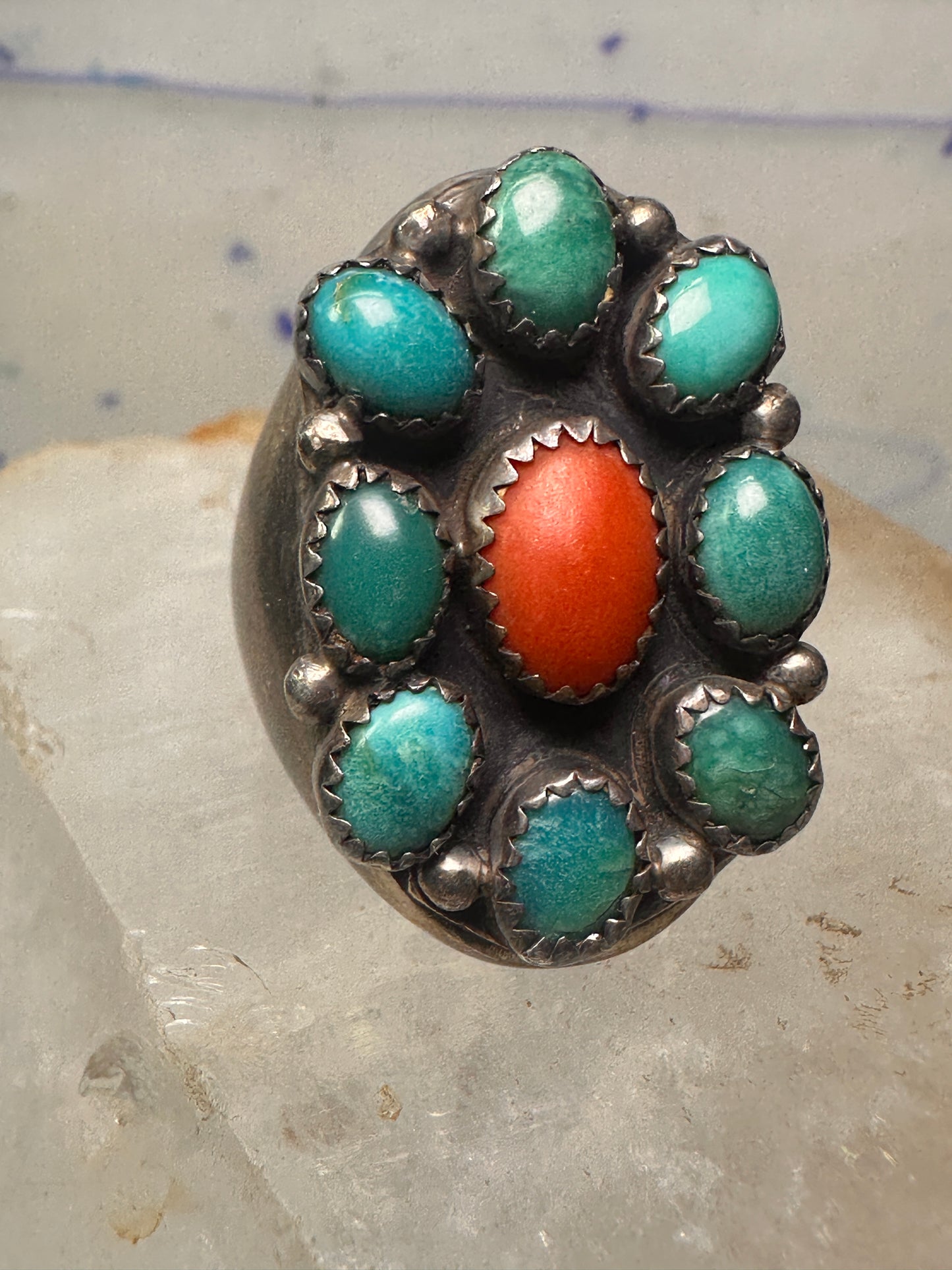 Navajo ring Heavy turquoise coral band size 10.75 sterling silver women men