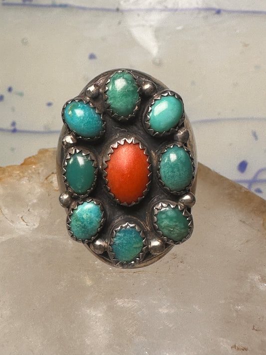 Navajo ring Heavy turquoise coral band size 10.75 sterling silver women men