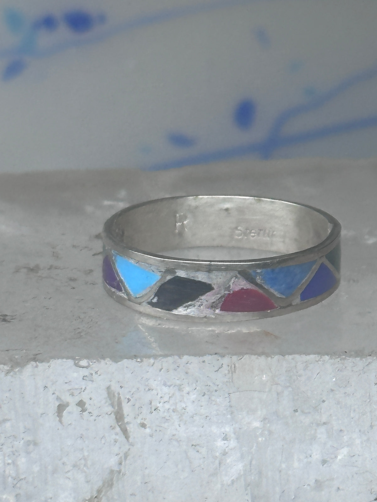 Vintage Sterling Silver Rough Reconstituted Multi Stone Geometric Band Signed R Size 9 925