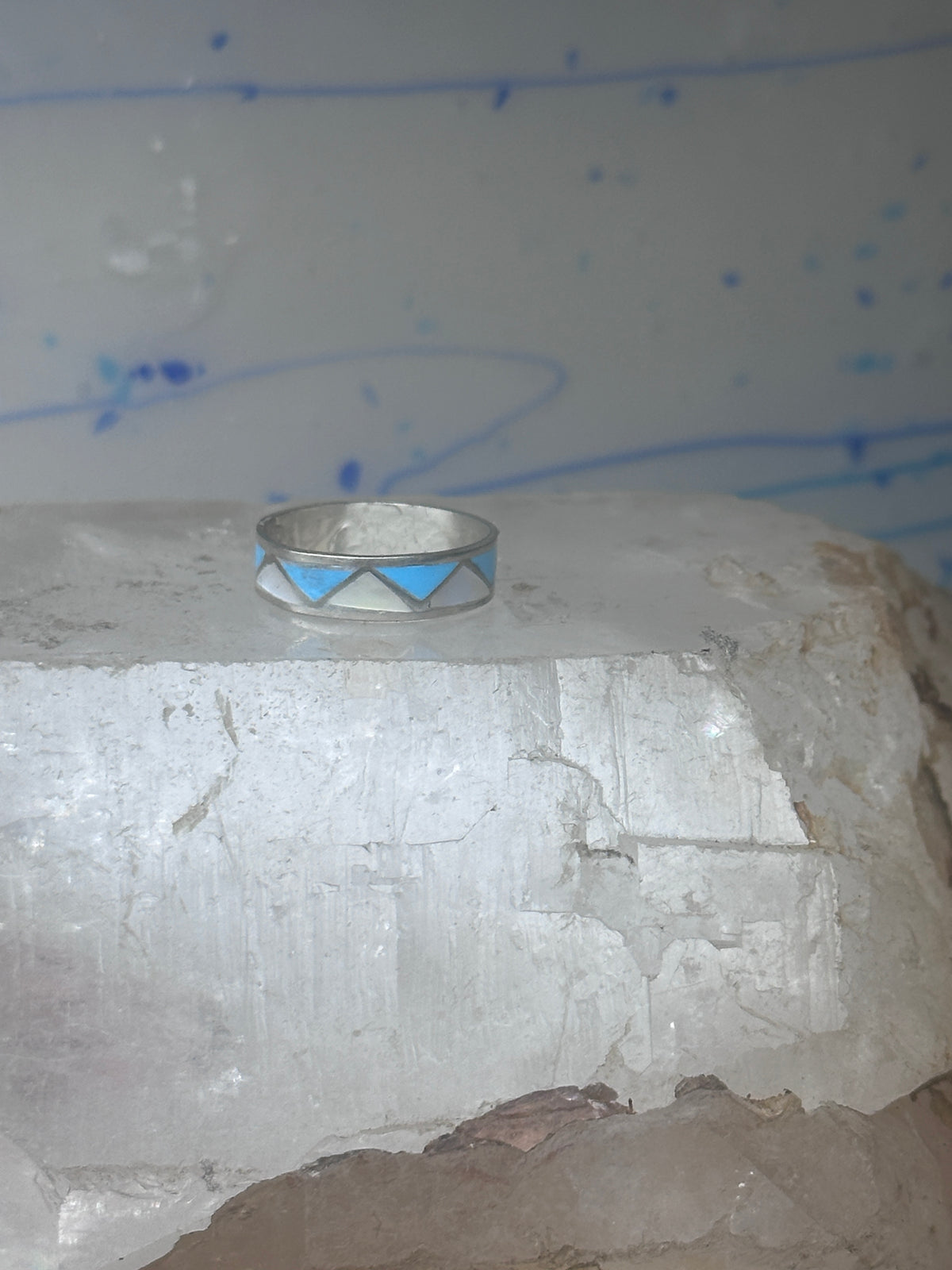 Vintage Sterling Silver Reconstituted Turquoise Mother of Pearl Band Signed R Size 8.25 8.50 925