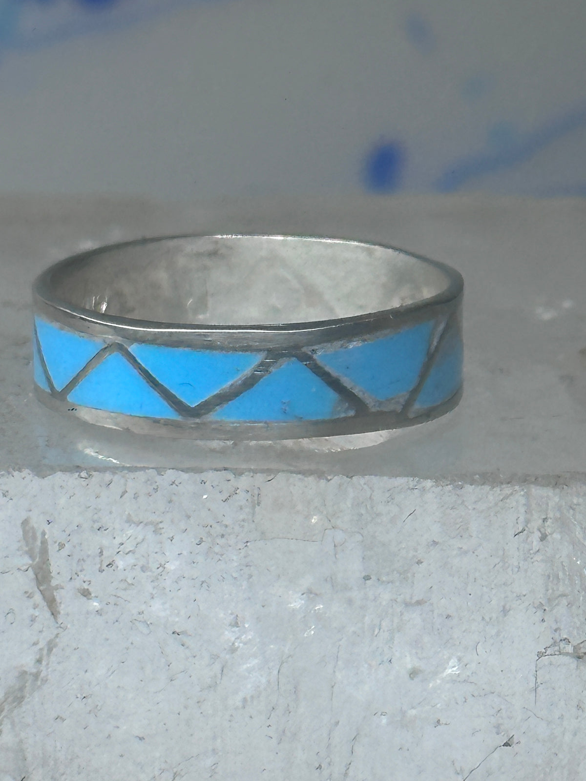 Vintage Sterling Silver Rough Reconstituted Turquoise Geometric Band Signed R Size 8.50 925