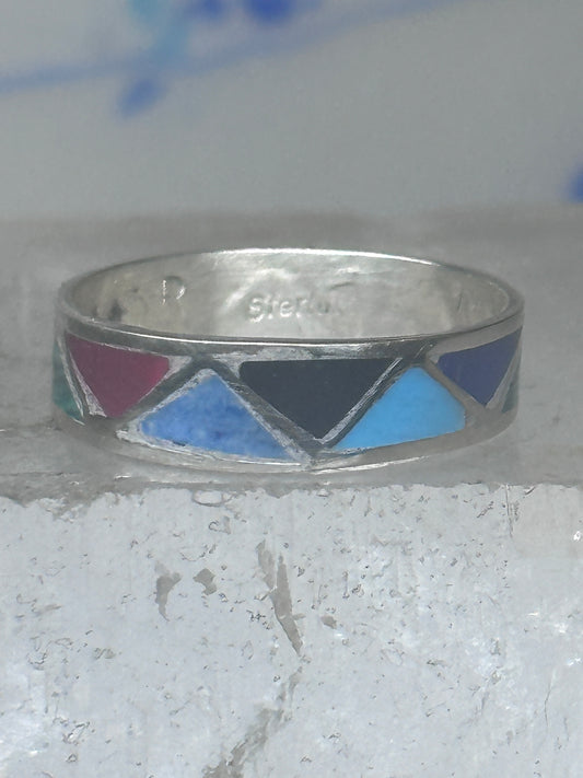 Vintage Sterling Silver Rough Reconstituted Multi Stone Geometric Band Size 8 925