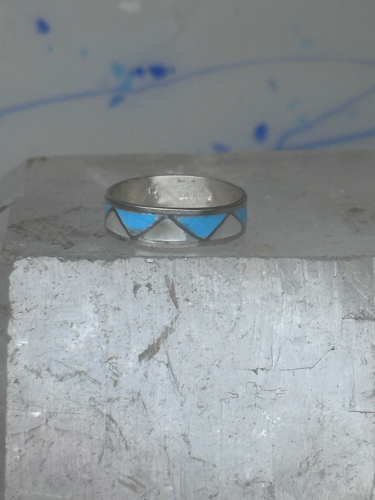 Vintage Sterling Silver Reconstituted Turquoise Mother of Pearl Band Signed R Size 7.50 925