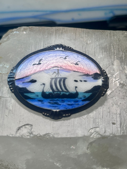 Viking Ship Pin enamel Scandinavian signed N sterling silver sunset sunrise seagulls