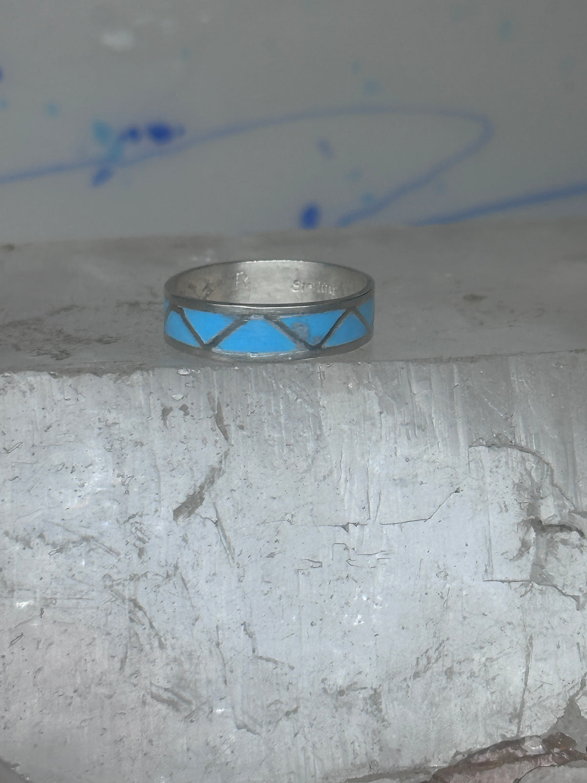Vintage Sterling Silver Rough Reconstituted Turquoise Geometric Band Size 7.75 925
