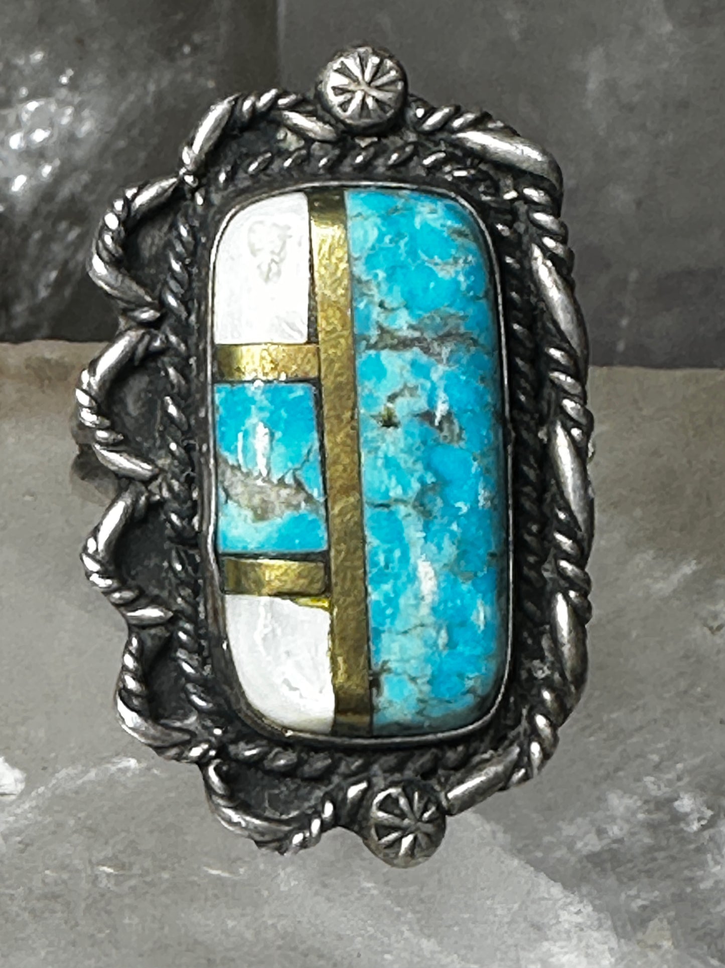 Long Turquoise ring MOP size 11 Navajo sterling silver women