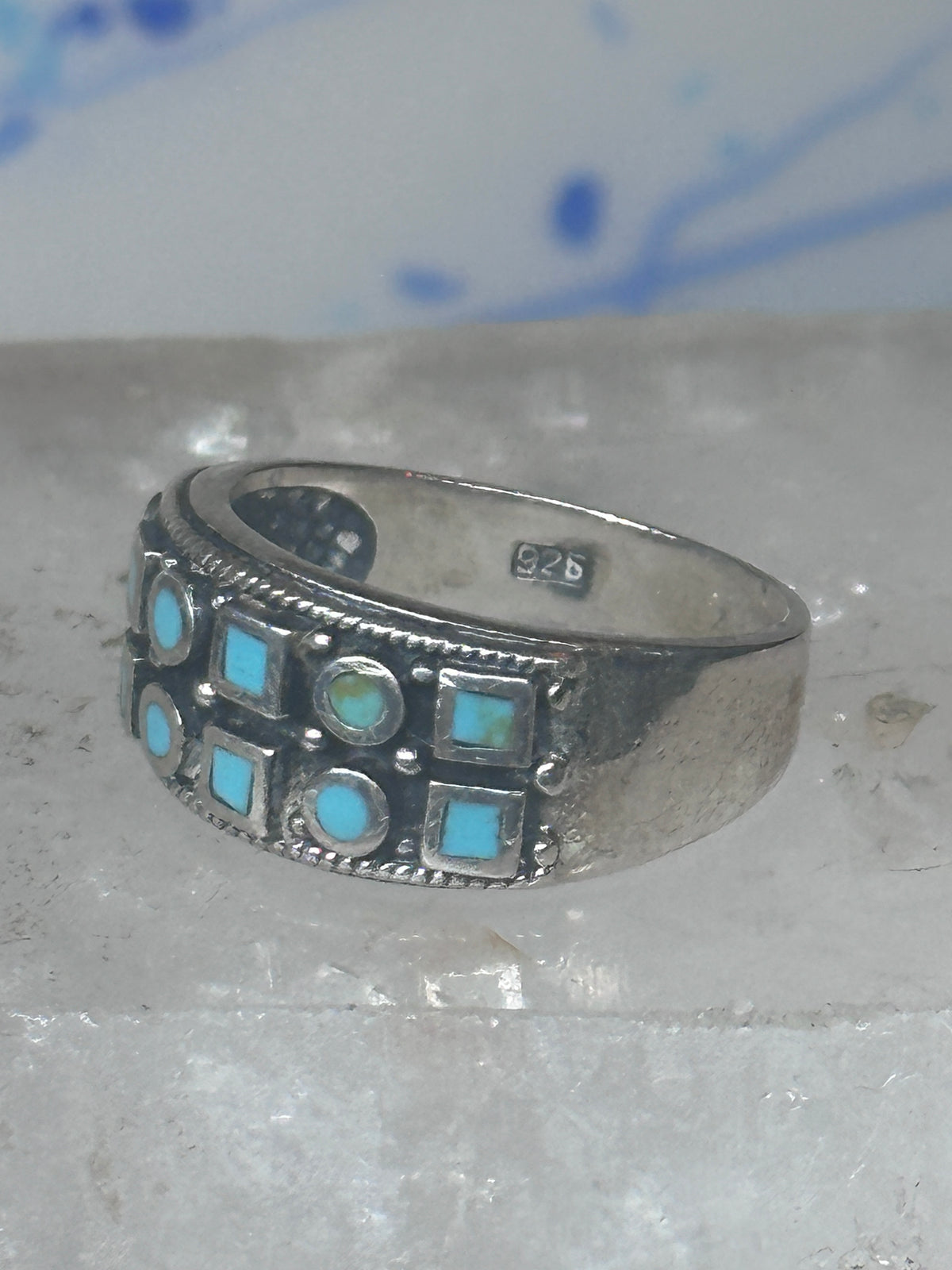 Vintage Sterling Silver Block Turquoise Checkerboard Band Signed SE Size 8.75 925