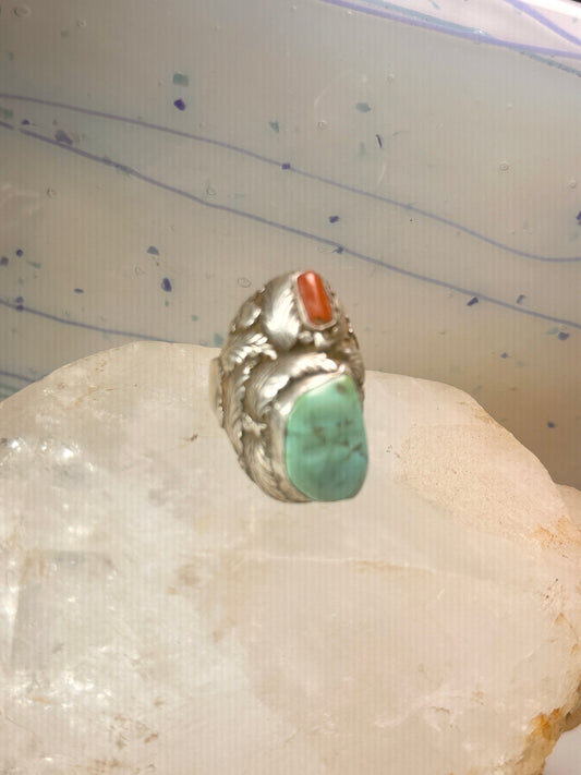 Navajo ring turquoise coral size 12 by O Alexius floral leaves sterling silver women men