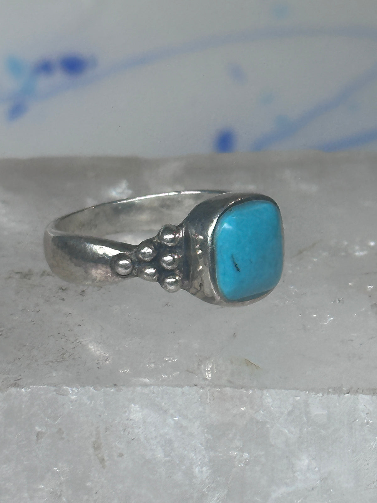 Vintage Sterling Silver Reconstituted Turquoise Cushion Beaded Ring Size 7.75 925