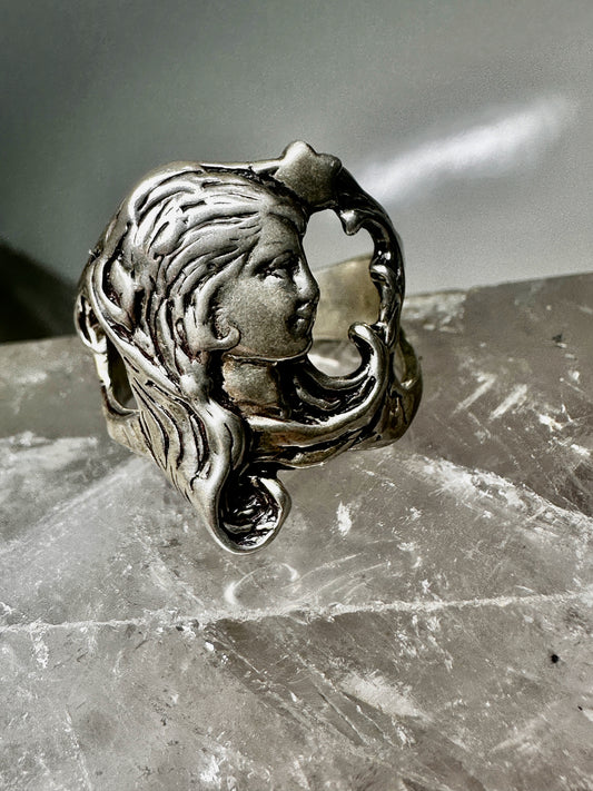 Face ring lady star size 9.25 long hair art deco style sterling silver women