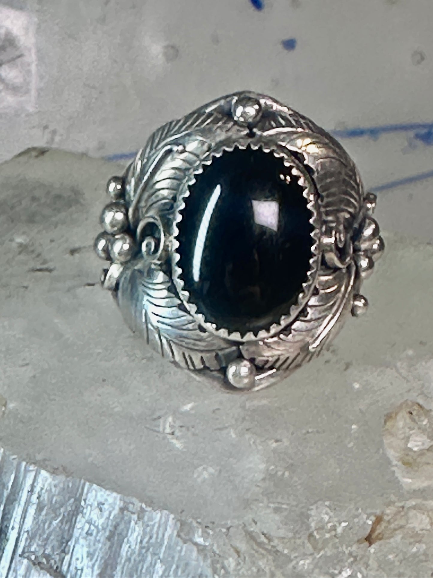 Navajo onyx ring Leaves Vintage Size 10 sterling silver women men
