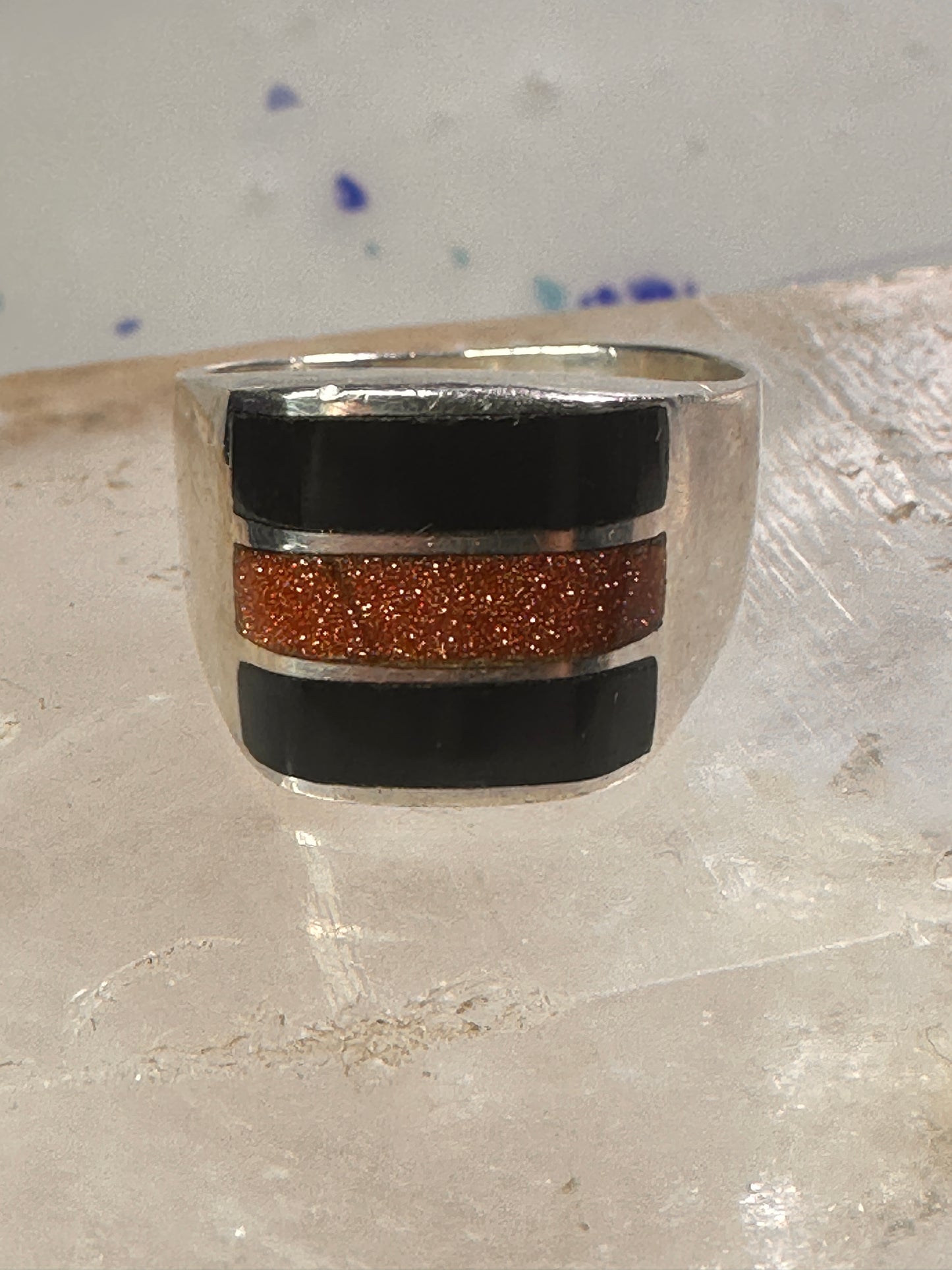 Onyx ring goldstone band size 12 Mexico band sterling silver women men