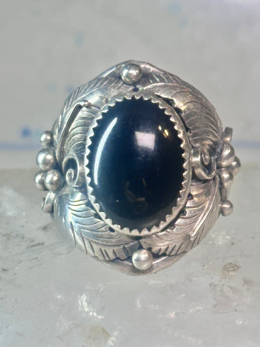 Navajo onyx ring Leaves Vintage Size 10 sterling silver women men
