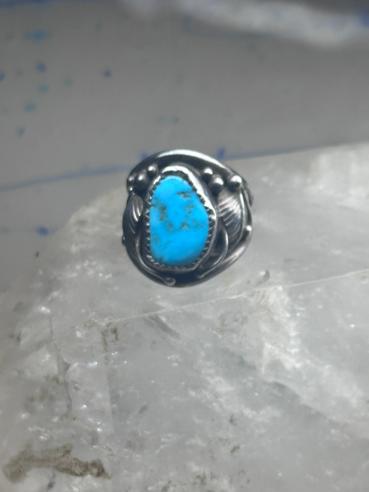 Vintage Sterling Silver Kingman Turquoise Stamped Leaf Ring Tom Ahasteen Size 10.50 925