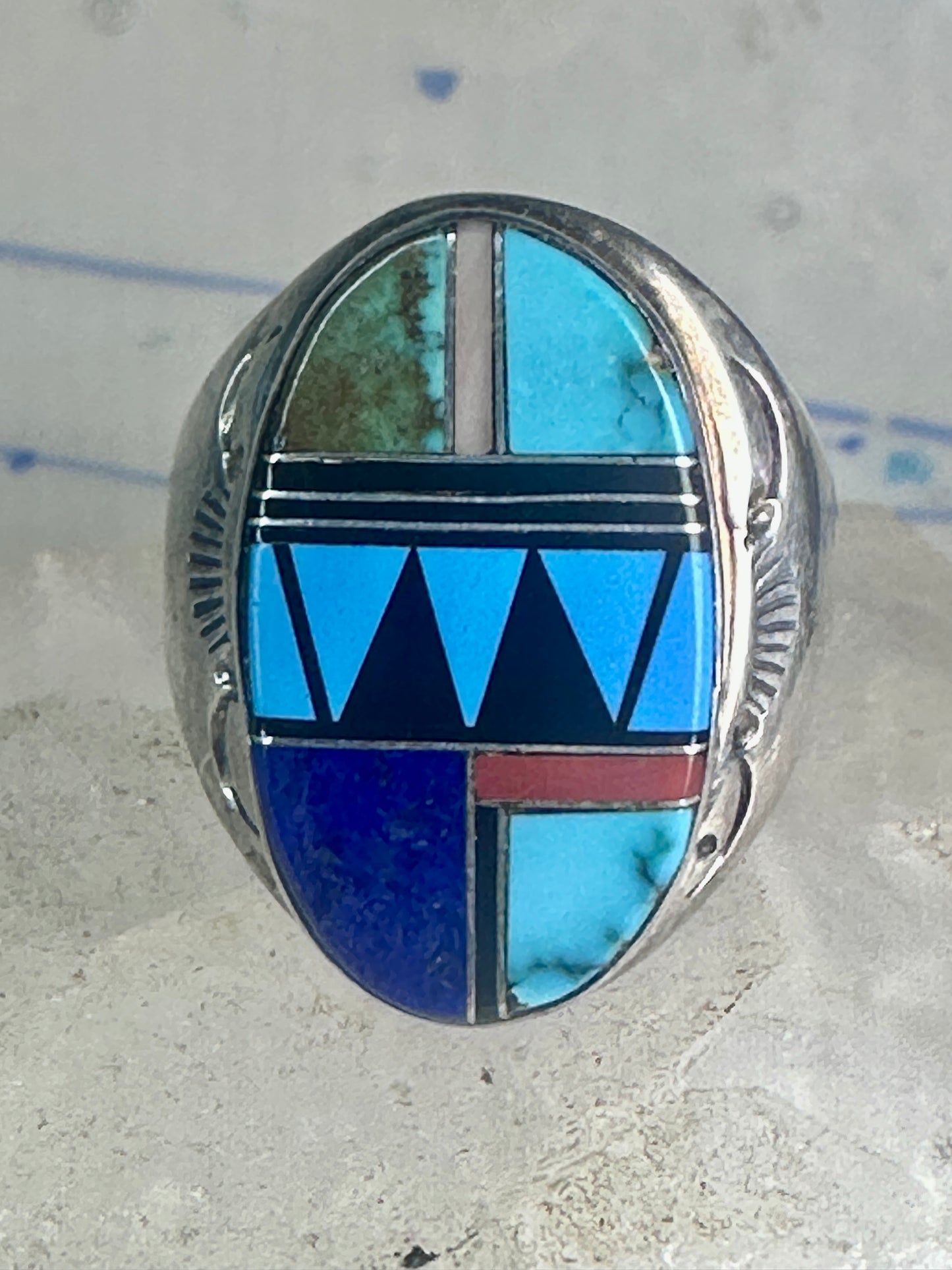 Zuni ring turquoise geometric inlay Size 11 sterling silver women men