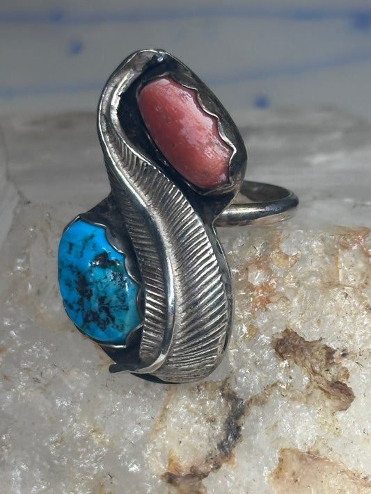 Vintage Sterling Silver Kingman Turquoise Coral Leaf Bypass Ring Size 6.75 925