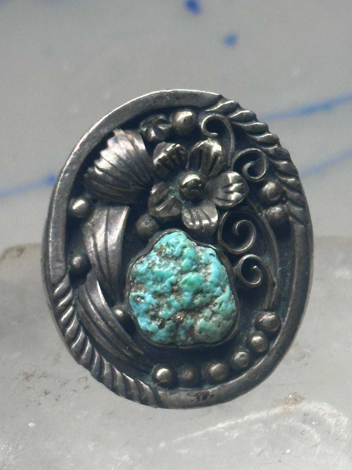 Vintage Sterling Silver Royston Green Turquoise Flower Leaf Ring Size 9 9.50 925